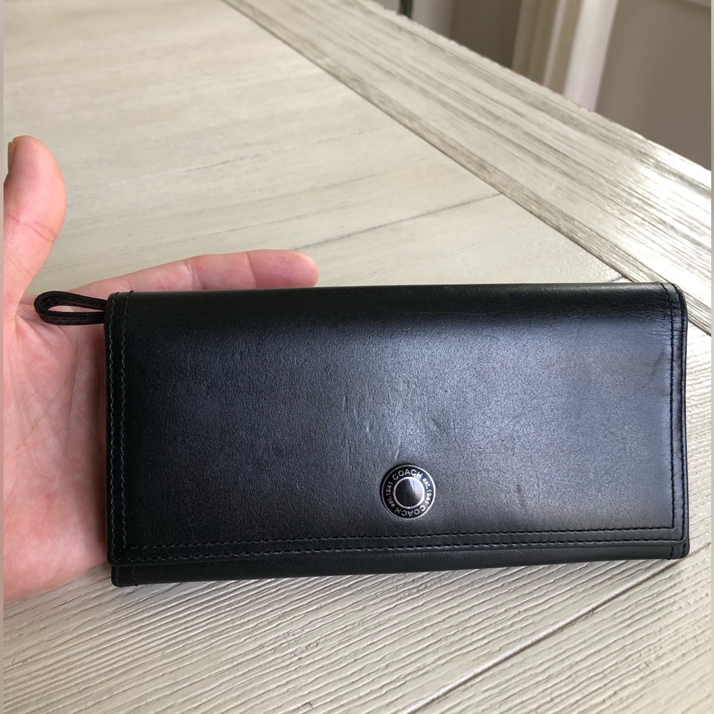 Coach Black Leather Snap Wallet with many card holders and zip coin compartment